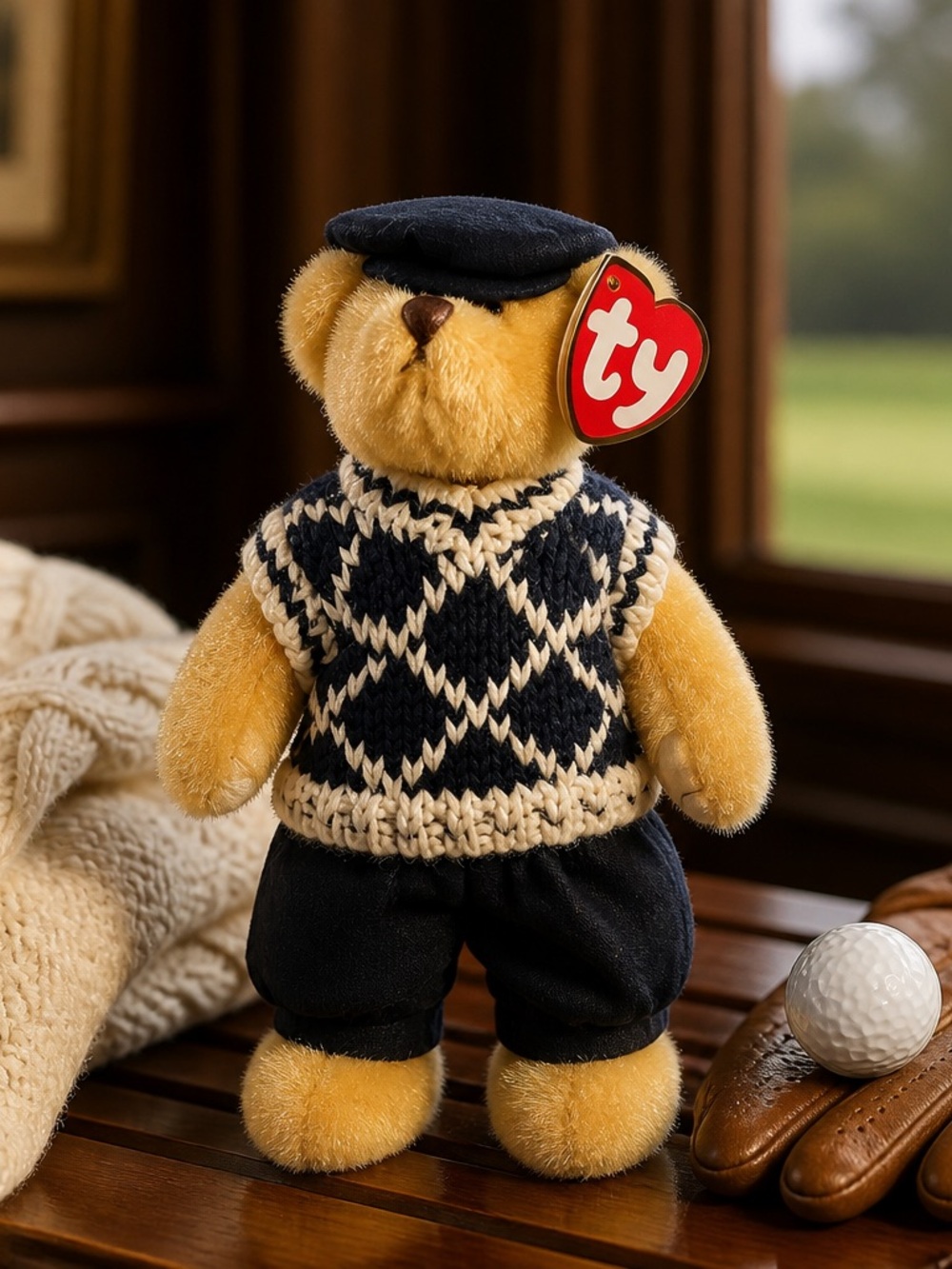 Ty Plush Bear in Navy and Cream Argyle Outfit